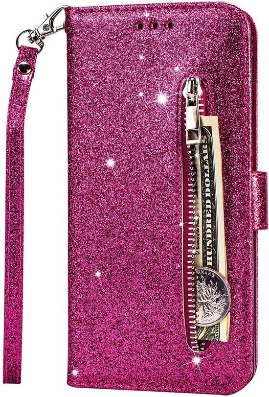 Samsung Galaxy M21 Hoesjes – Glitter Portemonnee Case – Rits & Koord – Pasjeshouder – Roze