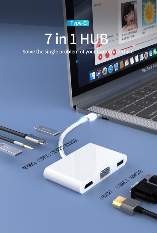USB-C Hub Adapter – 7-in-1 Docking Station – HDMI 4K & VGA – USB 3.0 – PD 100W – SD Kaartlezer – Grijs-Ilumina Benelux