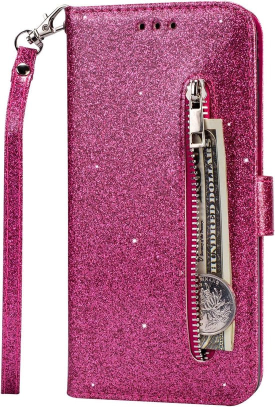 Samsung Galaxy A20s Hoesjes – Glitter Portemonneehoes – Rits & Koord – Pasjeshouder – Roze-Ilumina Benelux