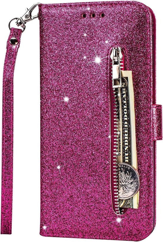 Oppo A52/A72/A92 Hoesjes – Glitter Portemonnee Case – Rits & Koord – Pasjeshouder – Roze-Ilumina Benelux