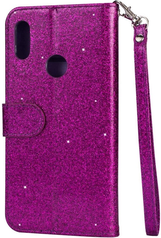 Samsung Galaxy M11 Hoesjes – Glitter Portemonneehoes met Rits – Koord – Pasjeshouder – Paars-Ilumina Benelux