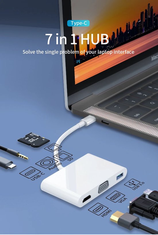USB-C Hub 7-in-1 – HDMI 4K & VGA – 100W PD – SD/TF Kaartlezer – USB 3.0 & 3.5mm Audio – Grijs-Ilumina Benelux