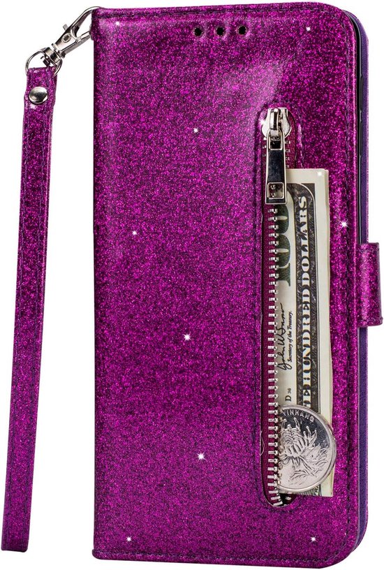 Sparkly Glitter Wallet Hoesje met Rits & Koord Geschikt voor: Samsung Galaxy A20s - Paars