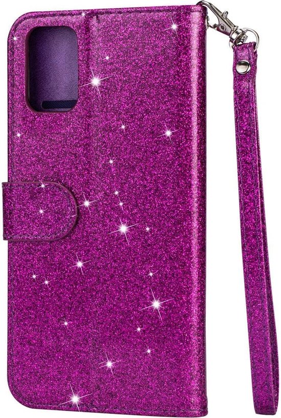 Glitter Wallet Case Geschikt voor: Samsung Galaxy A51 Hoesje met Rits, Koord en Pasjeshouder - Paars