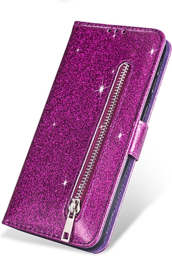 Samsung Galaxy A01 Hoesjes – Glitter Portemonneehoes – Rits & Koord – Pasjeshouder – Paars-Ilumina Benelux