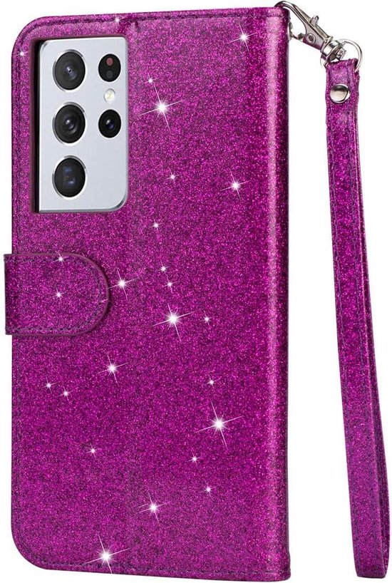 Samsung Galaxy S21 Ultra Hoesjes – Glitter Portemonnee Case – Rits – Koord – Pasjeshouder – Paars-Ilumina Benelux