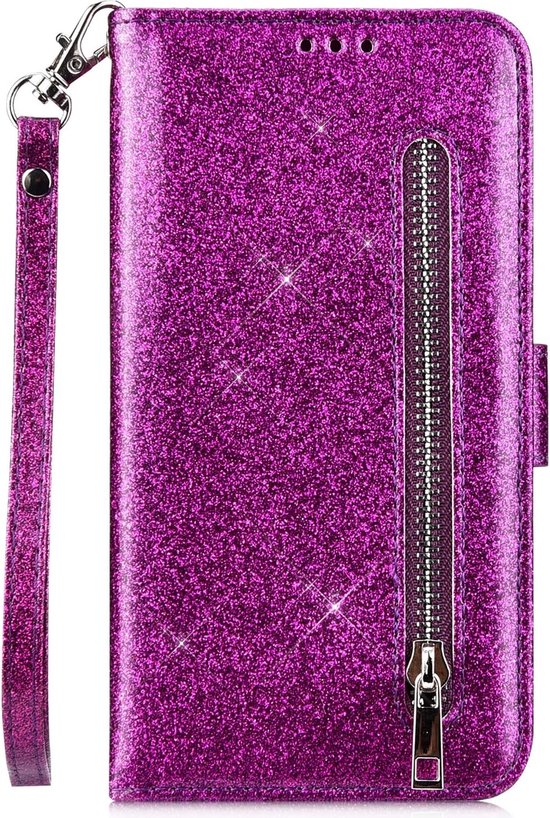 Samsung Galaxy S10 Hoesjes – Glitter Portemonnee Hoes – Rits & Koord – Paars-Ilumina Benelux