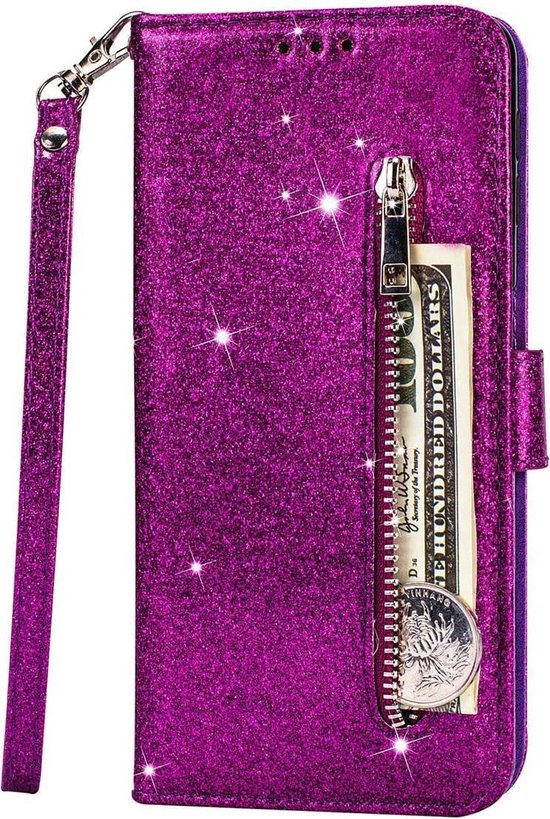 Glitter Wallet Case Geschikt voor: Samsung Galaxy A51 Hoesje met Rits, Koord en Pasjeshouder - Paars