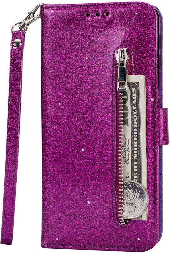 Sparkly Glitter Wallet Hoesje met Rits & Koord Geschikt voor: Samsung Galaxy A02s - Paars