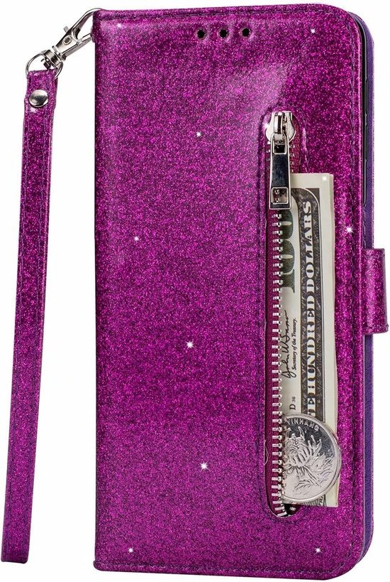 Samsung Galaxy A52/A52s Hoesjes – Glitter Portemonneehoes – Rits & Koord – Pasjeshouder – Paars-Ilumina Benelux
