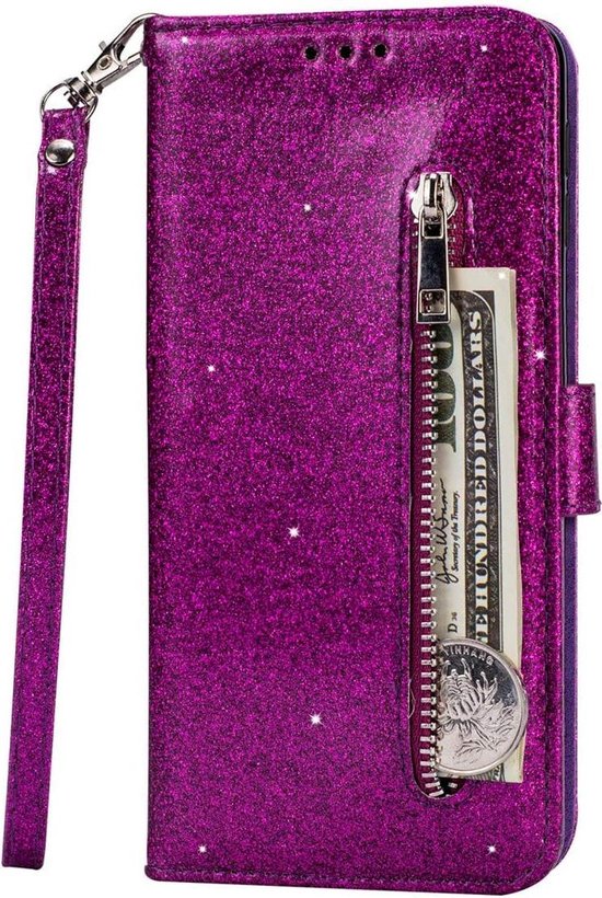 Glitter Wallet Case Geschikt voor: Samsung Galaxy A10s Hoesje met Rits, Koord en Pasjeshouder - Paars