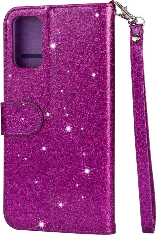 Samsung Galaxy A32 5G Hoesjes – Glitter Portemonnee Case – Rits – Koord – Pasjeshouder – Paars-Ilumina Benelux