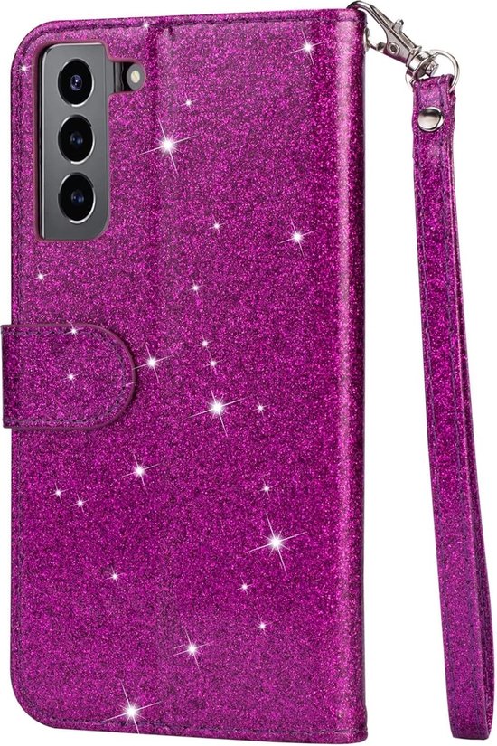 Sparkly Glitter Wallet Hoesje met Rits & Koord Geschikt voor: Samsung Galaxy S22 - Paars