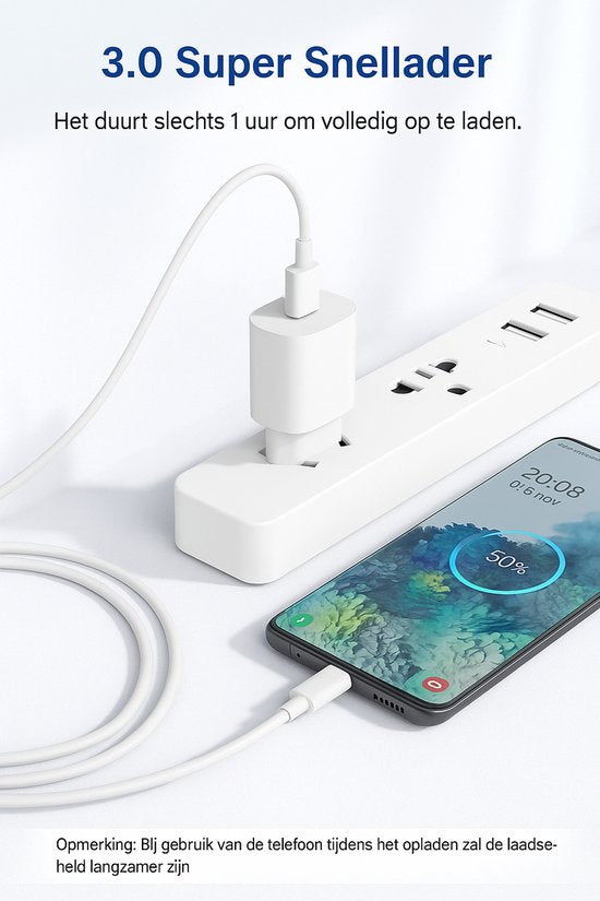 USB-C Oplader – Geschikt voor iPhone 14/13/12/11/XR/XS – 25W Snellader + 3m Kabel – 3-Pack – Wit