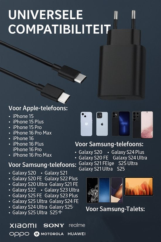 Oplader – 45W USB-C Snellader + 2M USB-C kabel – Snelladen – Geschikt voor iPhone 15/16 & Samsung Galaxy S25/S24/S23-Oplader-Ilumina Benelux