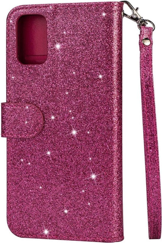 Samsung Galaxy A02s Hoesjes – Glitter Portemonnee Case met Rits – Koord – Pasjeshouder – Roze-Ilumina Benelux