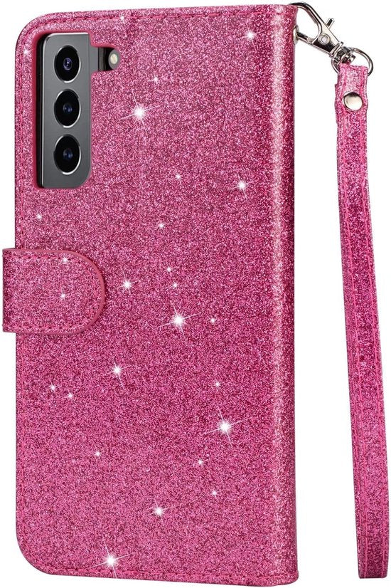 Samsung Galaxy S21 Plus Hoesjes – Glitter Portemonneehoes – Rits & Koord – Pasjeshouder – Roze-Ilumina Benelux