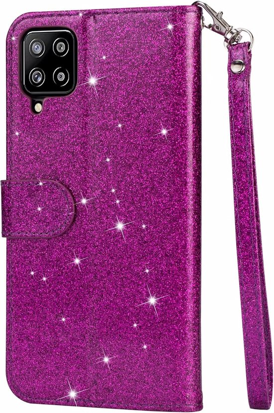 Samsung Galaxy A22 4G Hoesjes – Glitter Portemonneehoes – Rits & Koord – Pasjeshouder – Paars-Ilumina Benelux