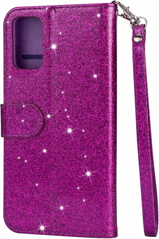 Oppo A74 5G Hoesjes – Glitter Portemonnee Hoes – Rits & Koord – Pasjeshouder – Paars-Ilumina Benelux