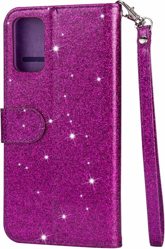 Samsung Galaxy A41 Hoesjes – Glitter Portemonnee Hoes – Rits & Koord – Paars-Ilumina Benelux