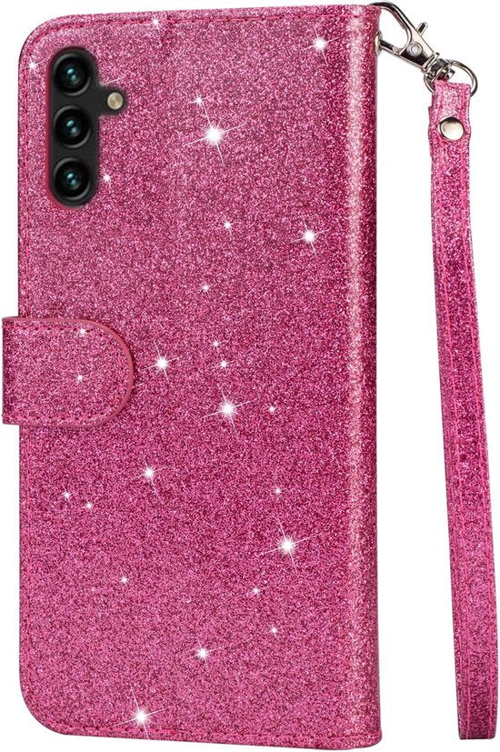 Sparkly Glitter Wallet Hoesje met Rits & Koord Geschikt voor: Samsung Galaxy S23 - Roze
