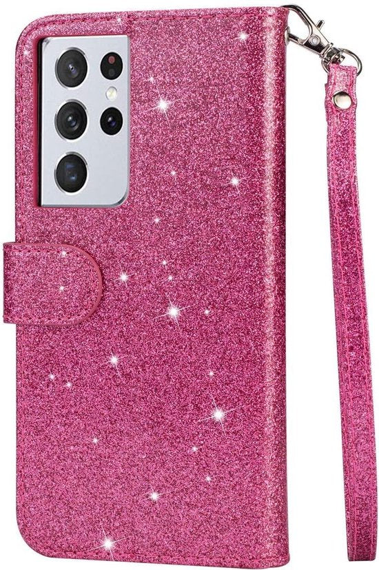 Glitter Wallet Case Geschikt voor: Samsung Galaxy A52 (4G & 5G) / A52s Hoesje met Rits, Koord en Pasjeshouder - Roze