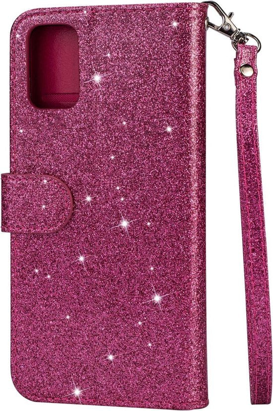 Glitter Wallet Case Geschikt voor: Samsung Galaxy A71 Hoesje met Rits, Koord en Pasjeshouder - Roze