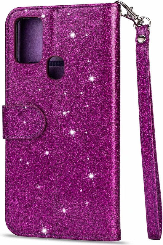 Samsung Galaxy A21S Hoesjes – Glitter Portemonnee Hoes – Rits & Koord – Pasjeshouder – Paars-Ilumina Benelux