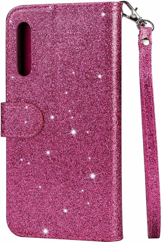 Sparkly Glitter Wallet Hoesje met Rits & Koord Geschikt voor: Samsung Galaxy A01 - Roze