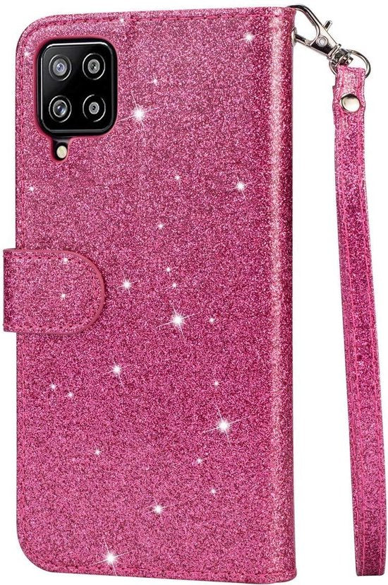 Samsung Galaxy A42 Hoesjes – Glitter Portemonnee Case met Rits – Koord – Pasjeshouder – Roze-Ilumina Benelux