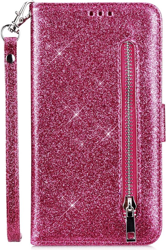 Samsung Galaxy S10 Hoesjes – Glitter Portemonnee Hoes – Rits & Koord – Pasjeshouder – Roze-Ilumina Benelux