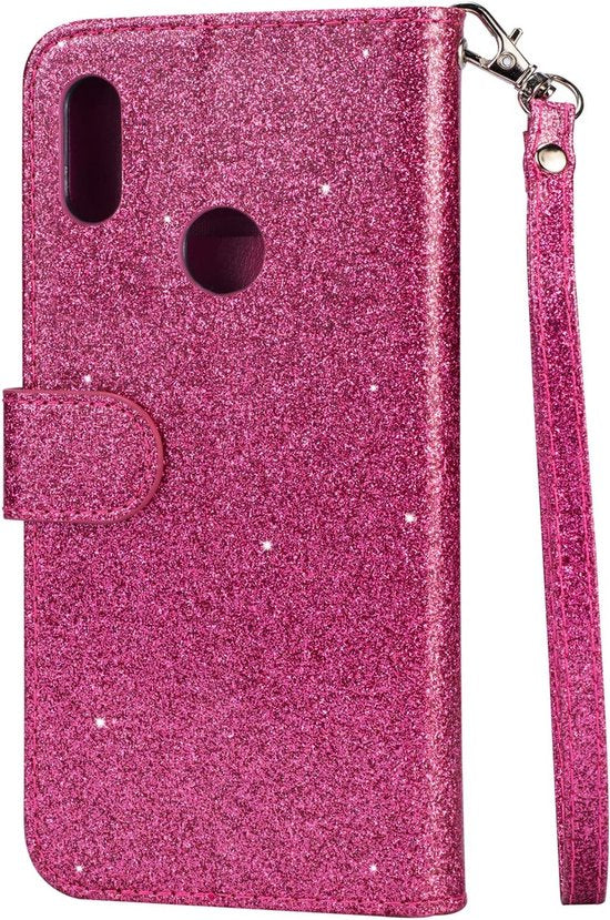 Samsung Galaxy A10s Hoesjes – Glitter Portemonneehoes – Rits & Koord – Pasjeshouder – Roze