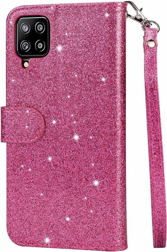 Sparkly Glitter Wallet Hoesje met Rits & Koord Geschikt voor: Samsung Galaxy A12 & Galaxy M12 - Roze