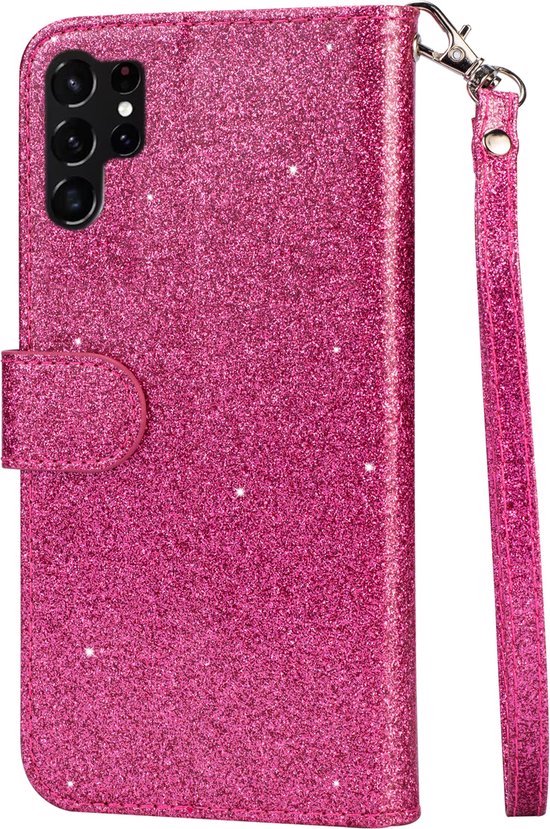 Samsung Galaxy S23 Ultra Hoesjes – Glitter Portemonnee Hoes – Rits & Koord – Pasjeshouder – Roze-Ilumina Benelux