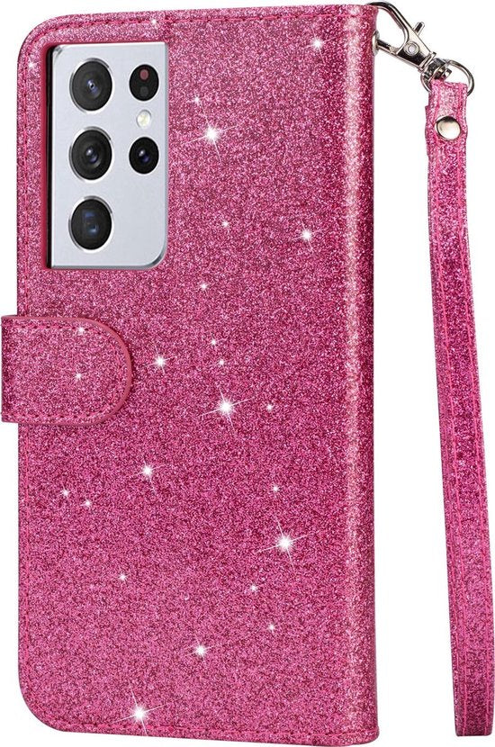 Samsung Galaxy S21 Ultra Hoesjes – Glitter Portemonnee Hoes – Rits & Koord – Roze-Ilumina Benelux