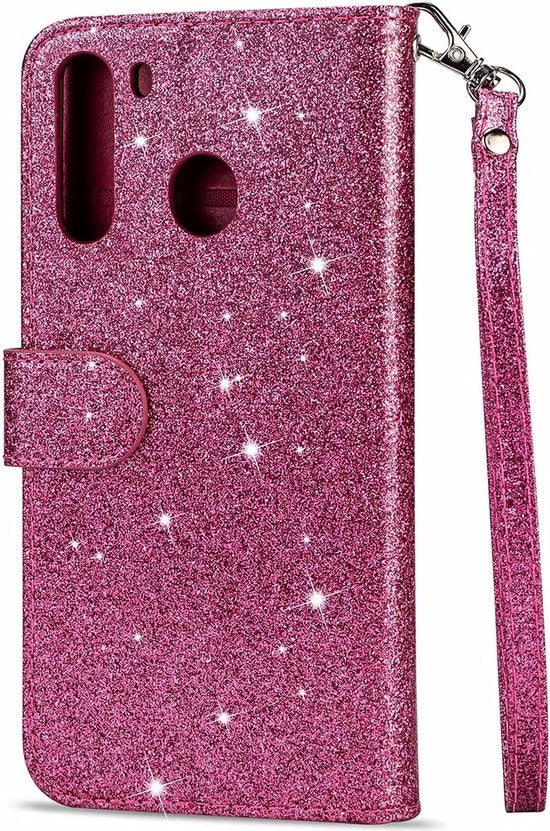 Samsung Galaxy A11 Hoesjes – Glitter Portemonnee Hoes – Rits & Koord – Pasjeshouder – Roze-Ilumina Benelux