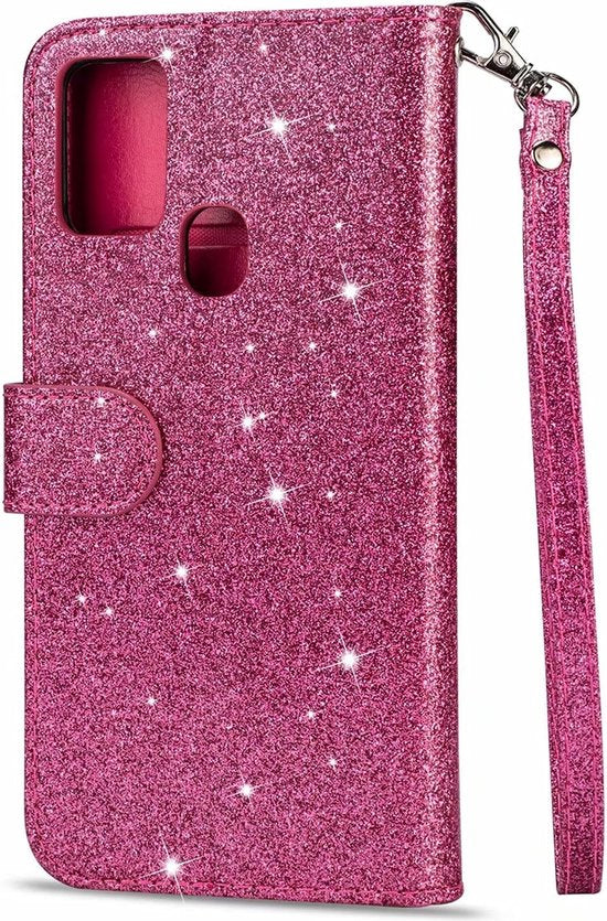 Samsung Galaxy A21S Hoesjes – Glitter Portemonnee Hoes – Rits & Koord – Pasjeshouder – Roze-Ilumina Benelux