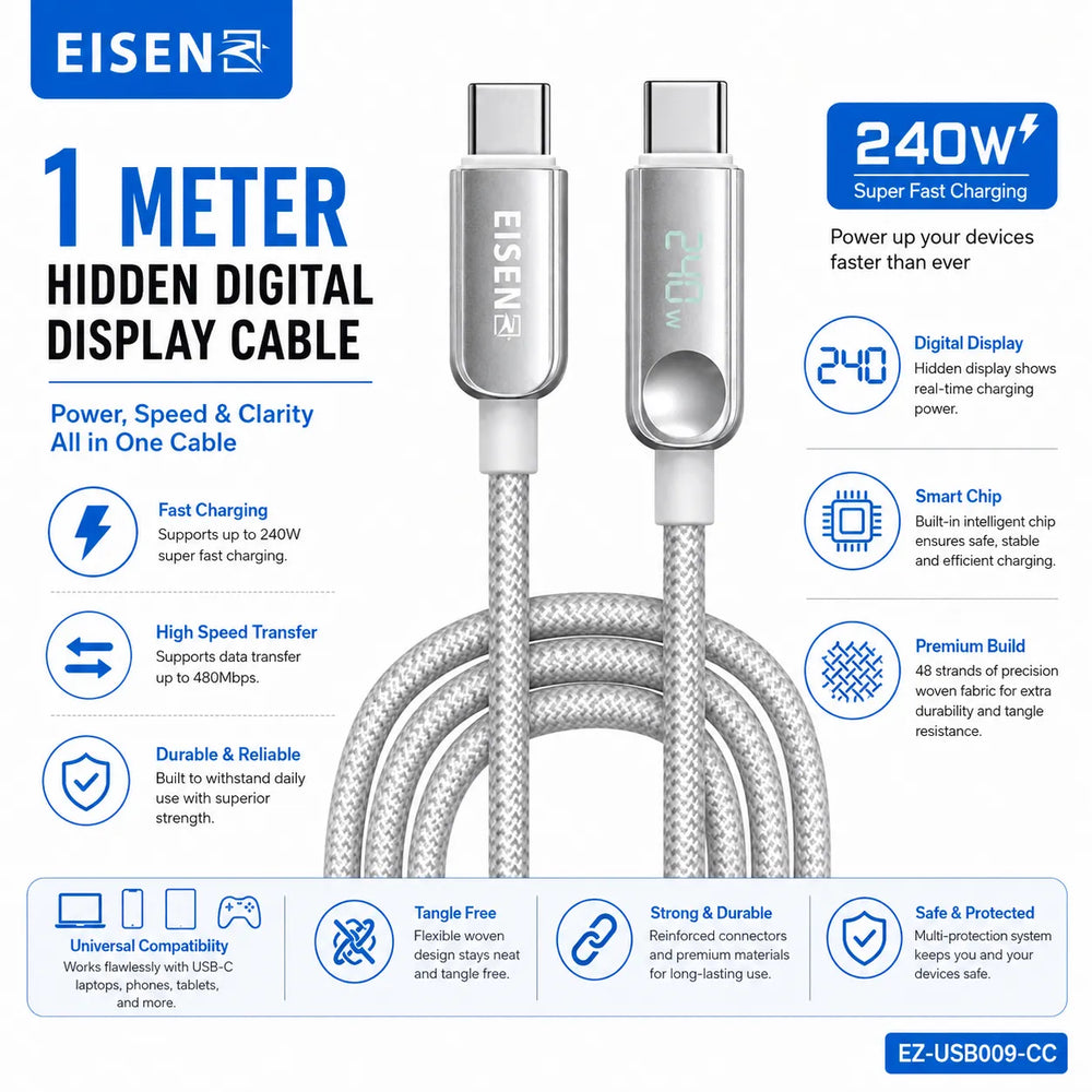 240W USB-C naar USB-C Hidden Digital Display Kabel 1 Meter-Ilumina Benelux
