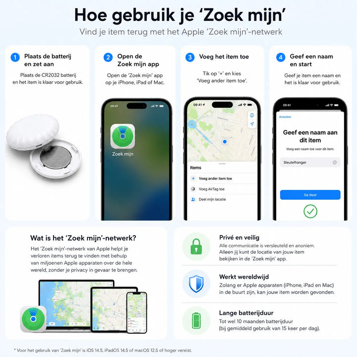 Smart Tag Tracker – Geschikt voor Apple Zoek Mijn – Bluetooth Tracker met Sleutelhanger – Zonder Abonnement – Voor Sleutels, Koffer, Fiets, Auto, Huisdier & Meer-Ilumina Benelux