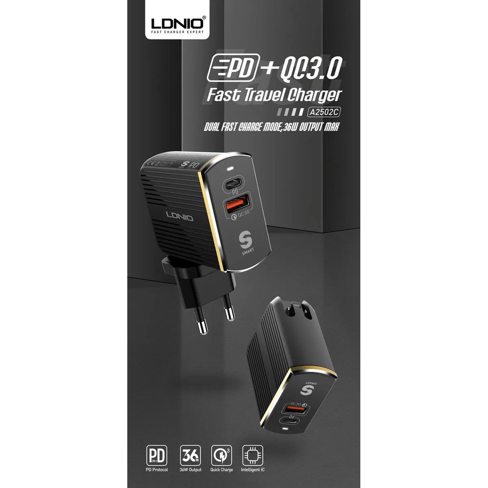LDNIO A2502C QC 3.0 + USB-C PD Snellader 36W – Dual USB Travel Charger – Zwart-Ilumina Benelux
