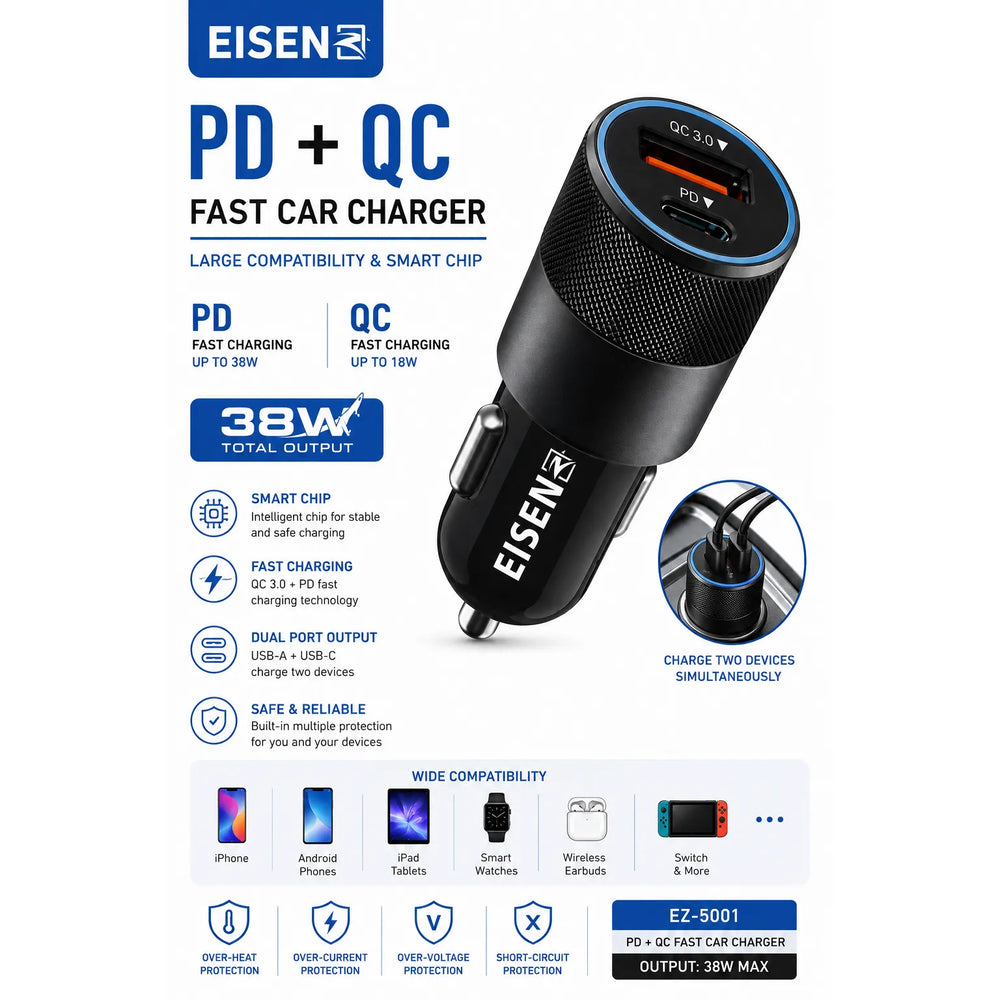 38W PD + QC Fast Car Charger USB-C & USB-A Autolader-Ilumina Benelux