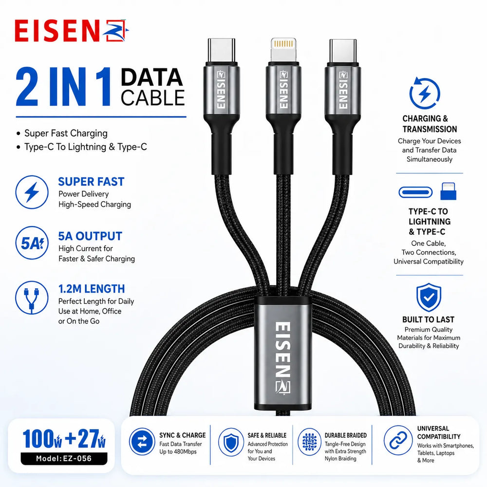 2-in-1 USB-C naar Lightning en USB-C Fast Charging Kabel 1.2 Meter-Ilumina Benelux