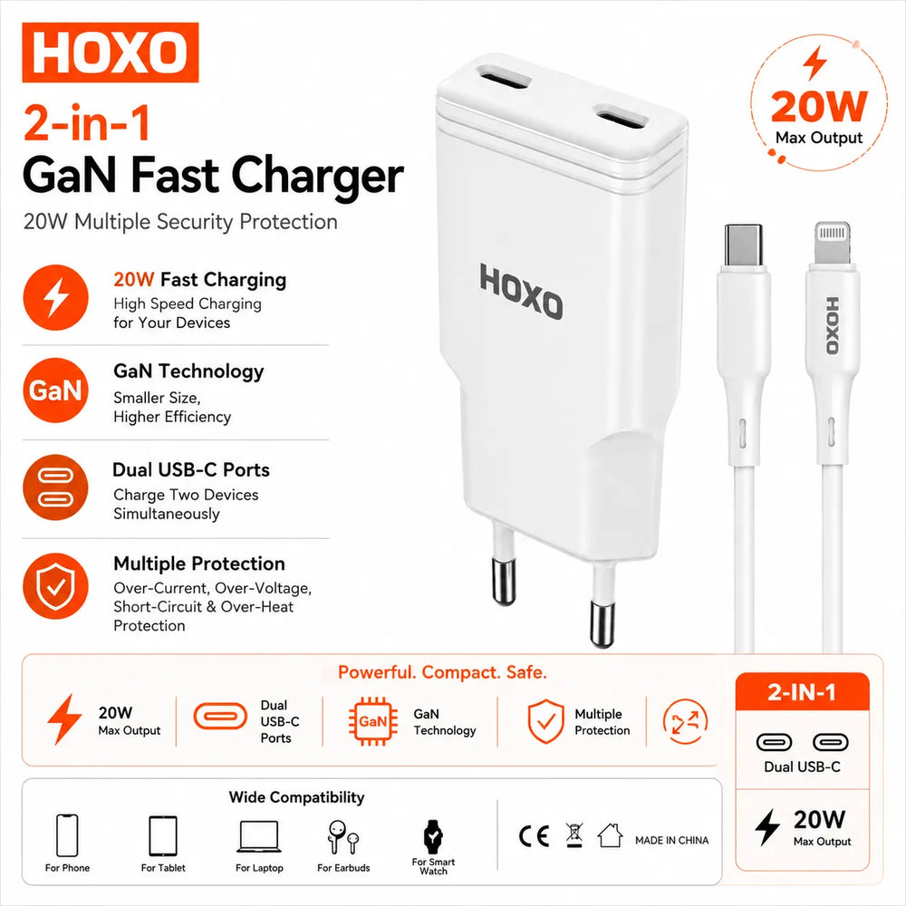 20W Dual USB-C Fast Charger met USB-C naar Lightning Kabel-Ilumina Benelux