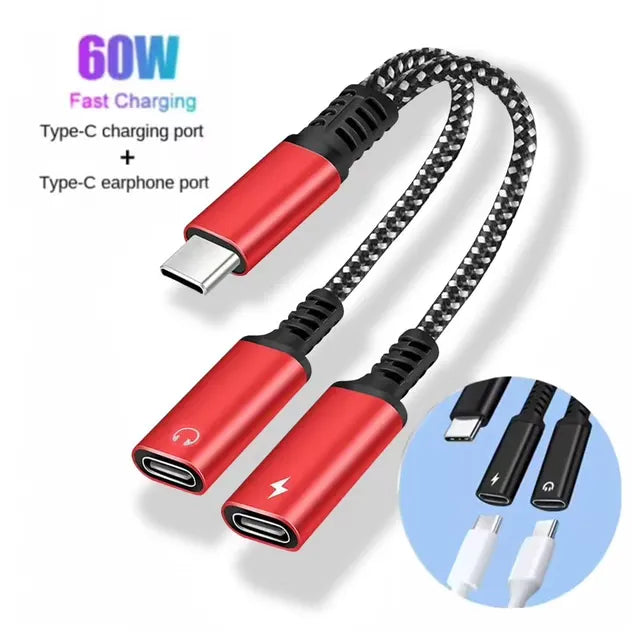 USB-C naar 2x USB-C Adapter - Audio & Opladen Splitter - PD 60W Snelladen - Geschikt voor iPhone 17/16/15, iPad, Samsung Galaxy, OnePlus & USB-C Headsets-Ilumina Benelux