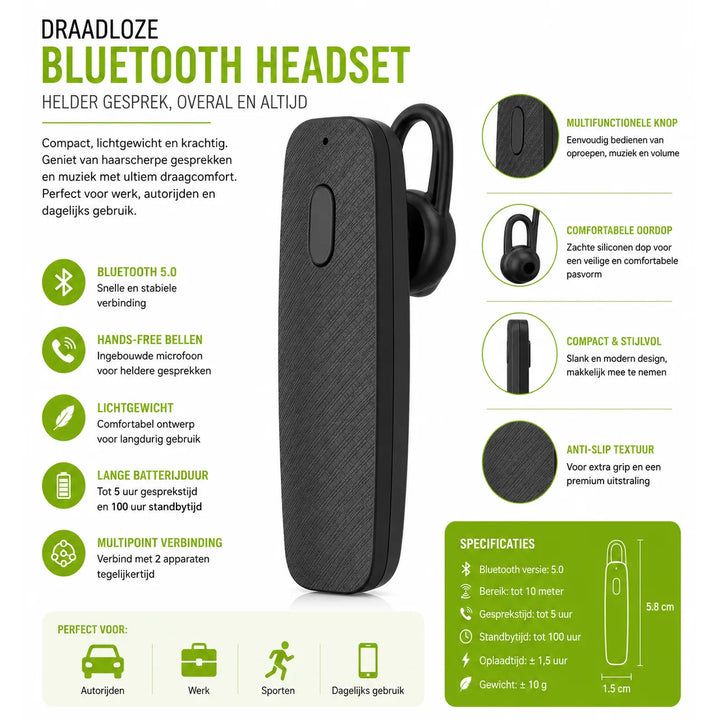 Stereo Wireless Headset – Bluetooth Oordopje met Microfoon – Zwart-Ilumina Benelux