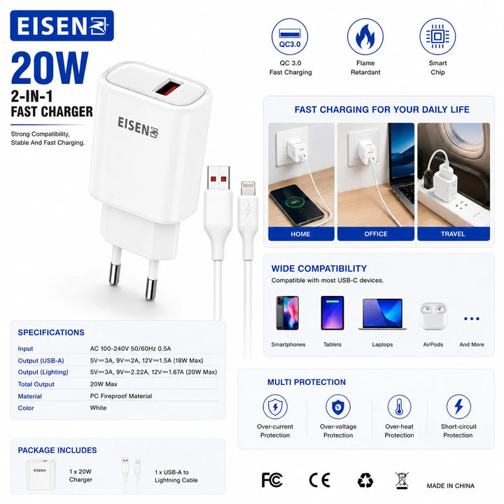 20W Snellader met Lightning Kabel – 2-in-1 Fast Charger voor iPhone & iPad Wit