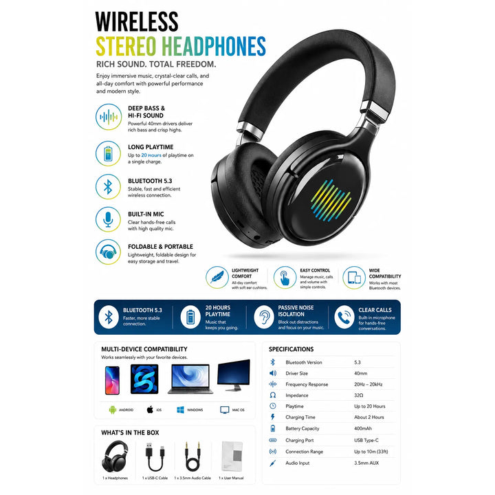 Draadloze Bluetooth Koptelefoon – Over-Ear Headset met Microfoon – Bluetooth 5.3 – 20 Uur Batterijduur – Zwart-Ilumina Benelux