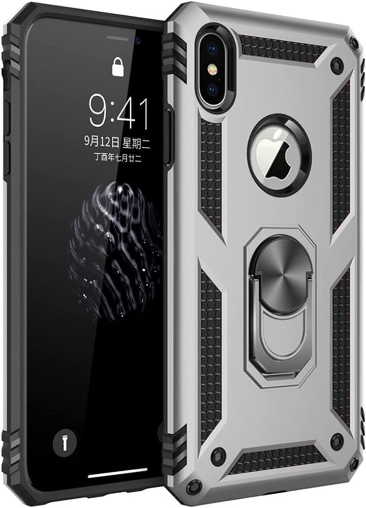 iPhone XS Max Hoesjes – Ring Armor Backcover – 360° Draaibare Standaard – Magneet – Zilver-Ilumina Benelux