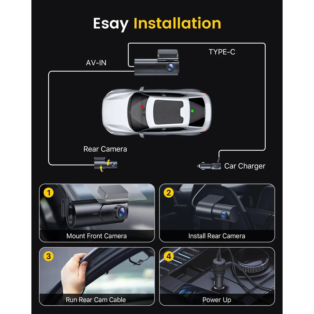 4K Dashcam Voor & Achter met WiFi – 2.5K + 1080P Auto Camera – Nachtzicht – Parkeermodus – 170° Groothoek