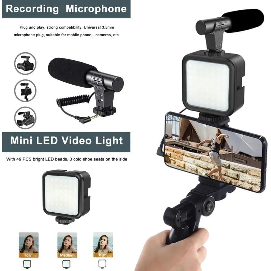 Vlog Kit voor Smartphone – Video Rig met Microfoon en LED Verlichting – Camera Stabilizer Handgreep – Filmmaking Set voor YouTube, TikTok & Livestreaming